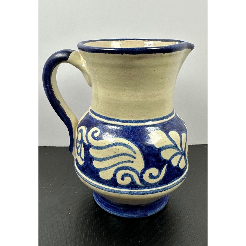 Vintage Ceramic Pitcher Blue White Floral Hand Painted Farmhouse Kitchen Decor